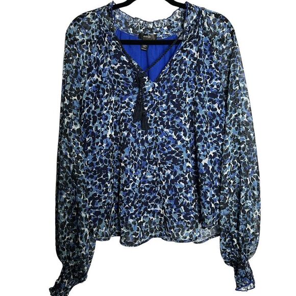 Aqua Womens Abstract Animal Print V-Neck Tassel Tie Blouse Shirt Size Large - Picture 1 of 4